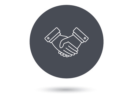 46037083 - handshake icon. deal agreement sign. business partnership symbol. gray flat circle button. orange button with arrow. vector
